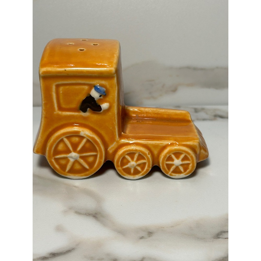 Vintage Japan Ceramic Train Locomotive Salt Pepper Shaker Yellow Conductor